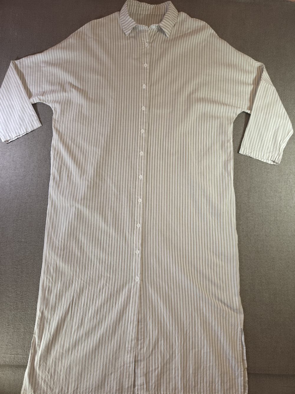 Chouyatou Striped Button-Down Long Shirt Dress Beige & White Coverup 100% Cotton - Picture 3 of 12
